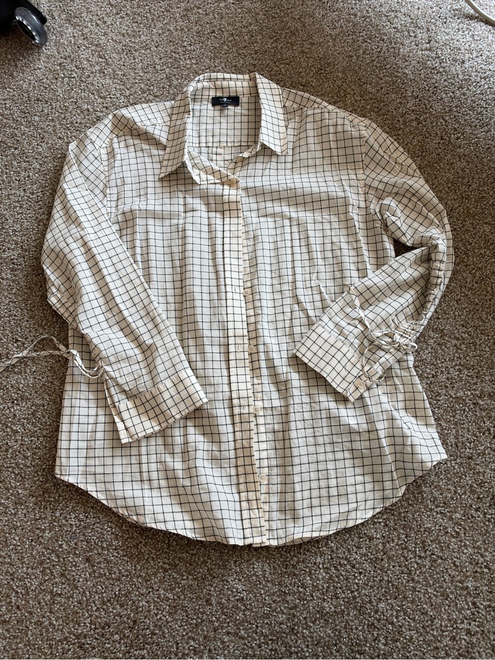 7 For All Mankind Cream Button-Down with Black Windowpane